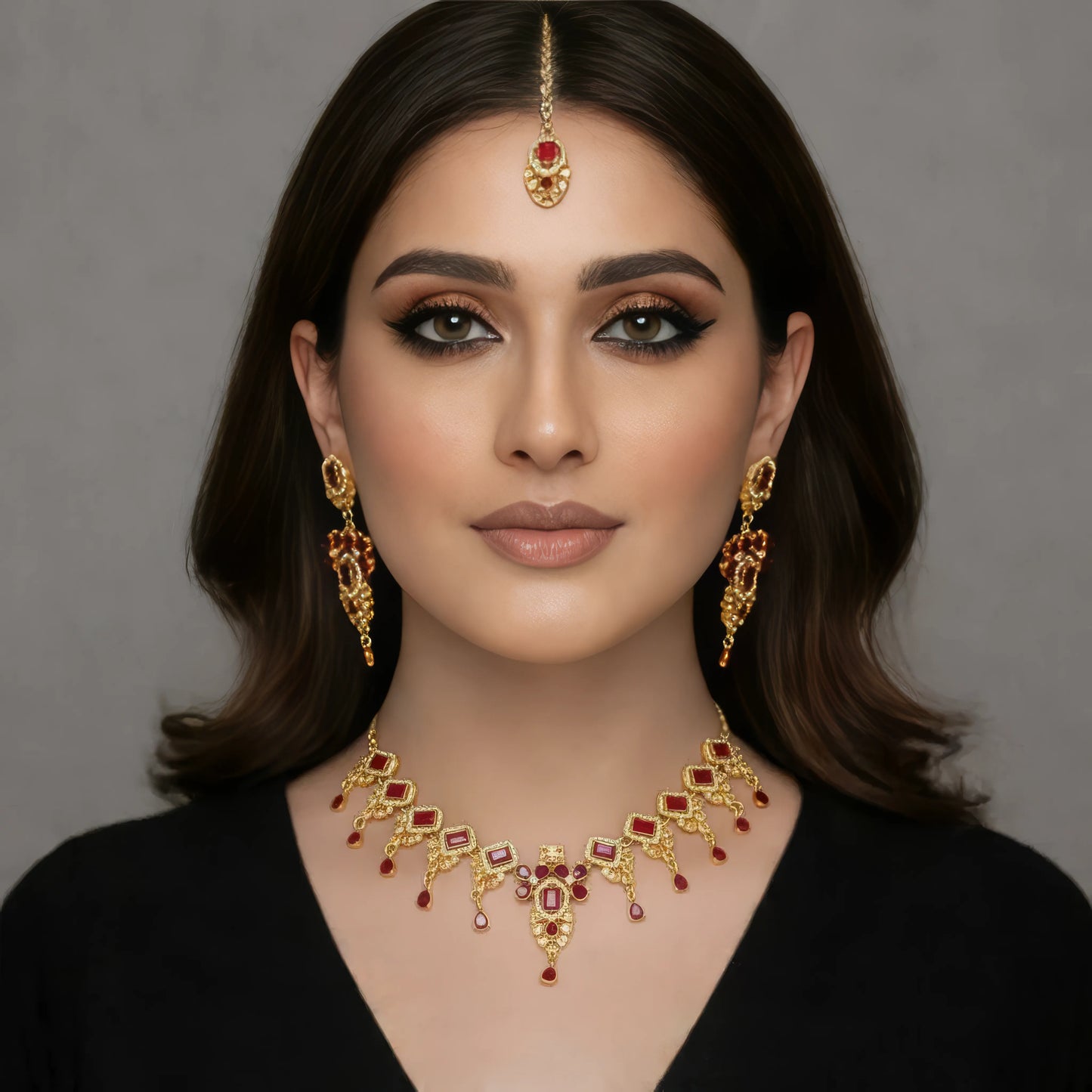 Unique Design Gold PLated Necklace Set With Maroon Stones
