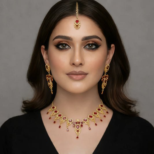 Unique Design Gold PLated Necklace Set With Maroon Stones