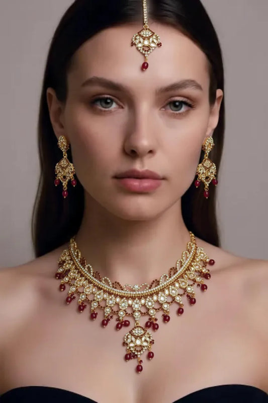 Beautiful Gold Plated Necklace Set With Maroon Pearls