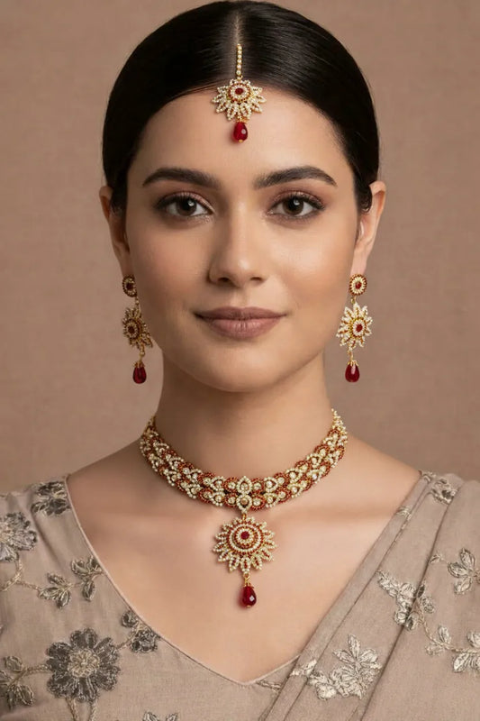 Beautiful Gold Plated Antique Necklace Set With Pearls and Maroon Stones