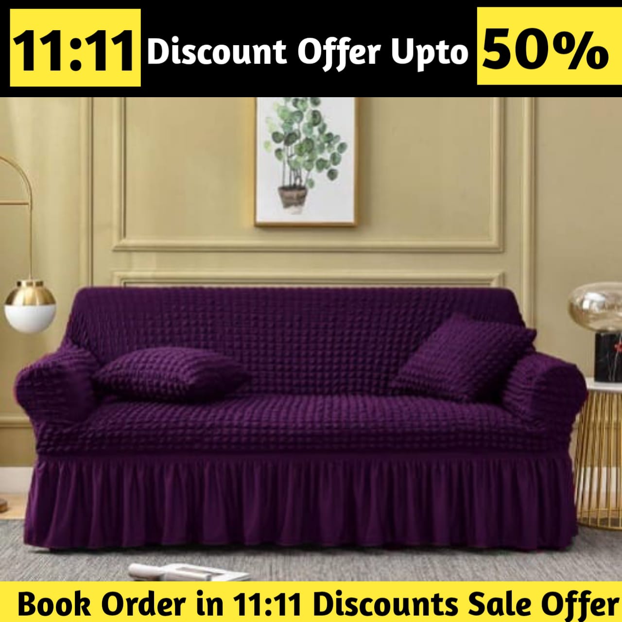 Ruffled Premium Bubble Sofa Cover Purple