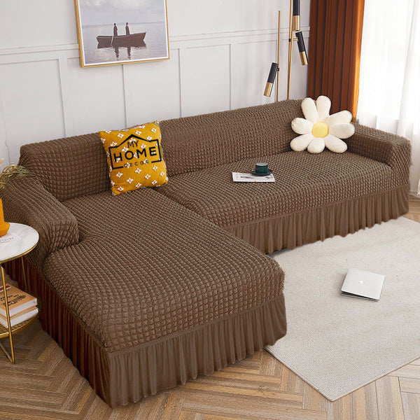 L Shape Ruffled Premium Bubble Sofa Cover Brown