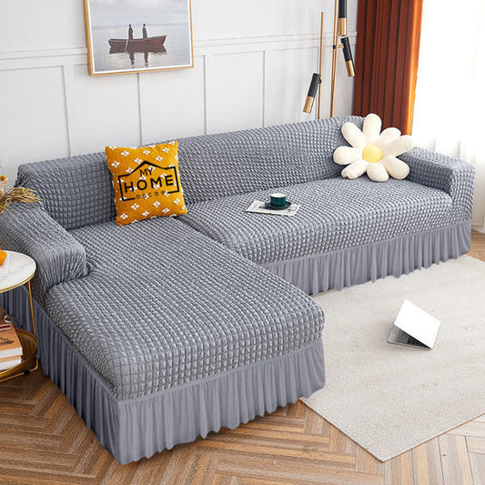 L Shape Ruffled Premium Bubble Sofa Cover Gray