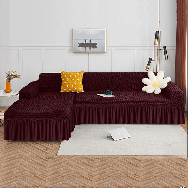 L Shape Ruffled Premium Bubble Sofa Cover Maroon