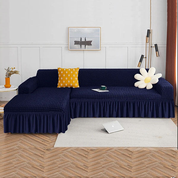 L Shape Ruffled Premium Bubble Sofa Cover Blue