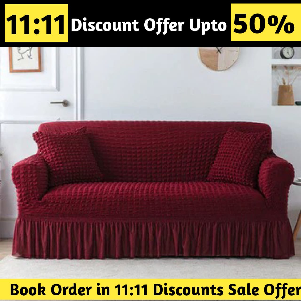 Ruffled Premium Bubble Sofa Cover Maroon