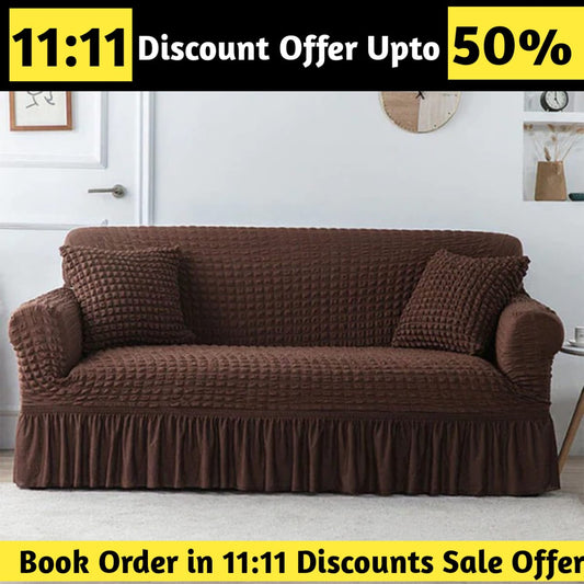 Ruffled Premium Bubble Sofa Cover Brown