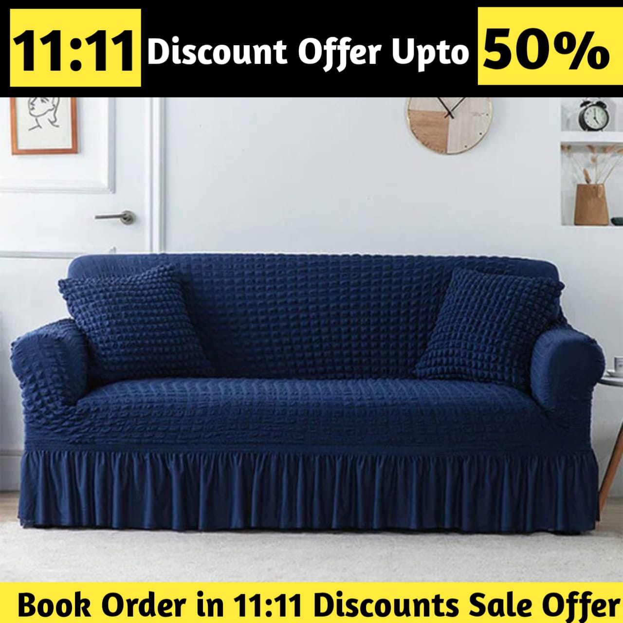 Ruffled Premium Bubble Sofa Cover Blue