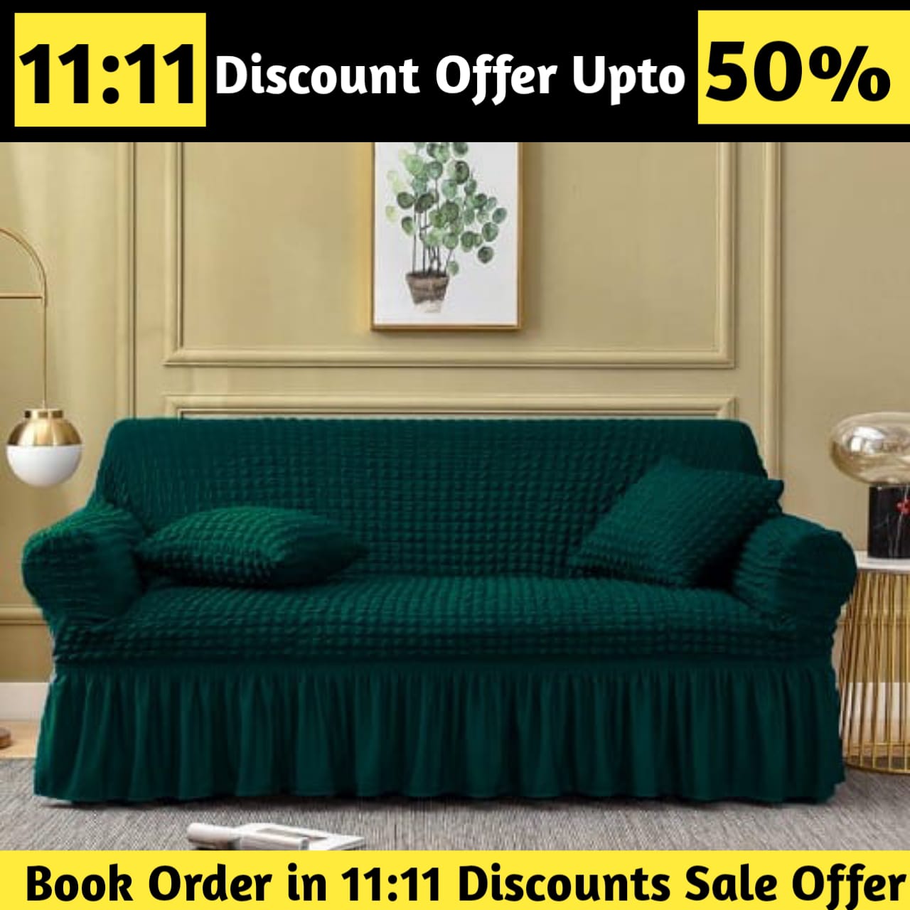 Ruffled Premium Bubble Sofa Cover Green