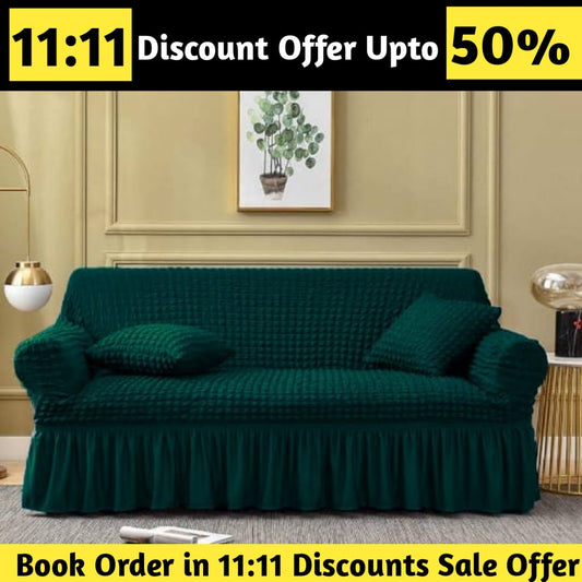 Ruffled Premium Bubble Sofa Cover Green