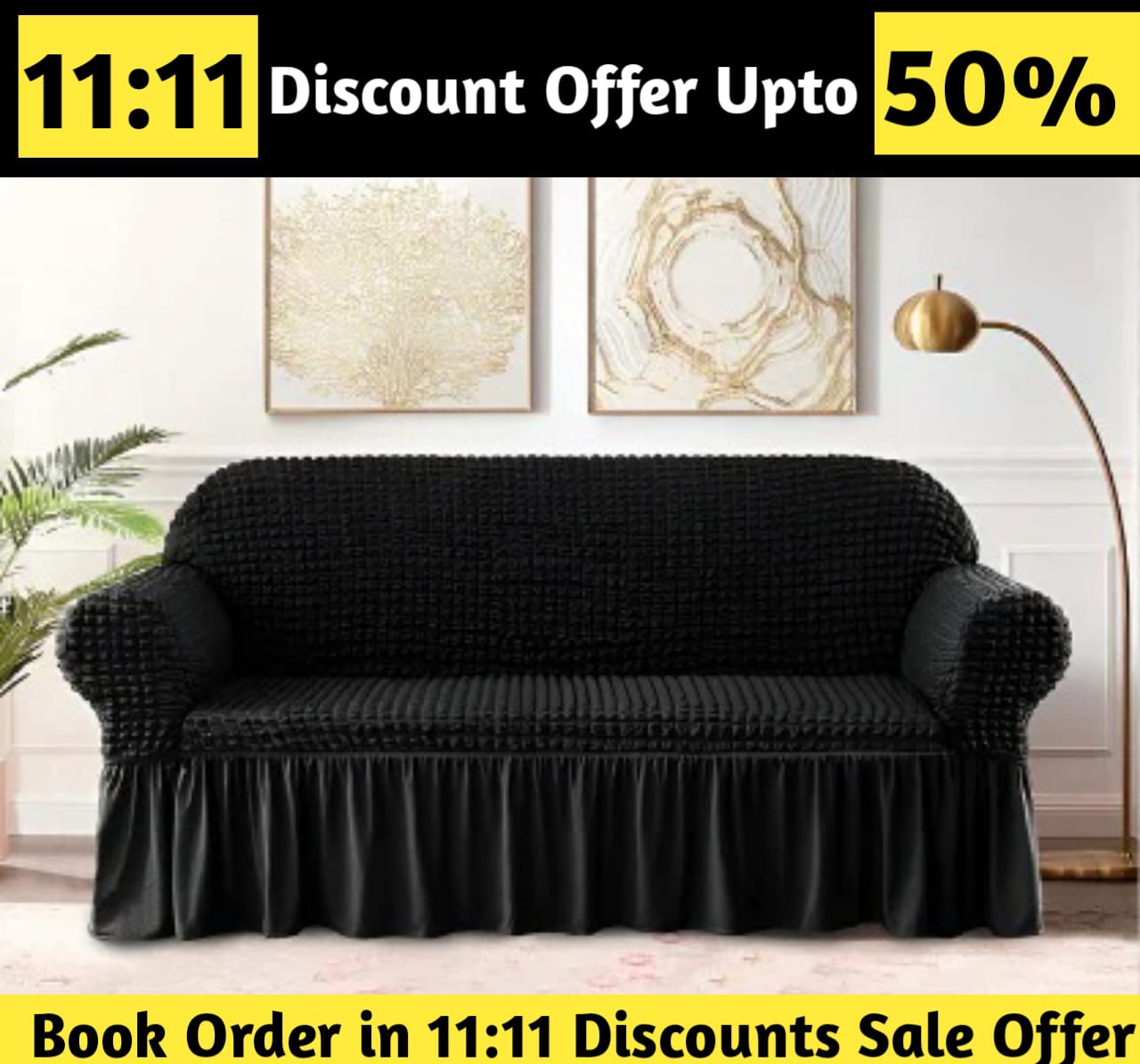 Ruffled Premium Bubble Sofa Cover Black