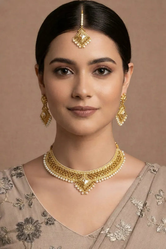 Beautiful Gold Plated Necklace Set With White Pearls