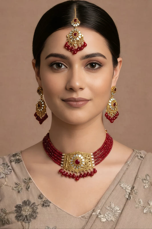 Beautiful Maroon Necklace Set With Pearls and Stones