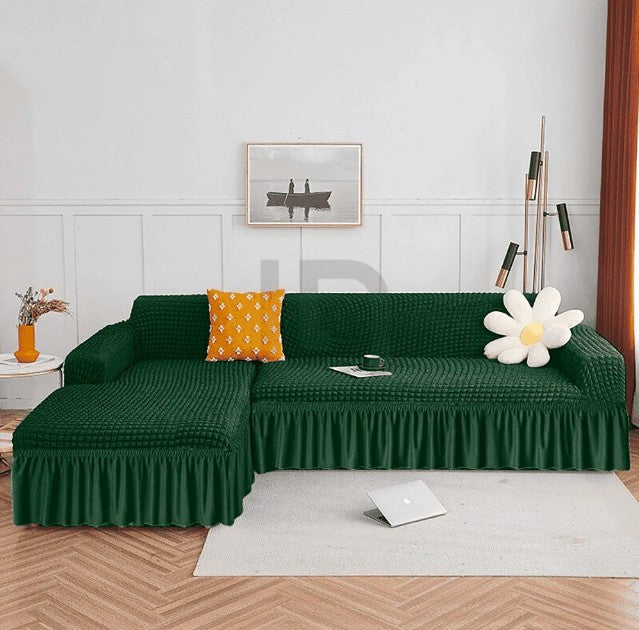 L Shape Ruffled Premium Bubble Sofa Cover Green