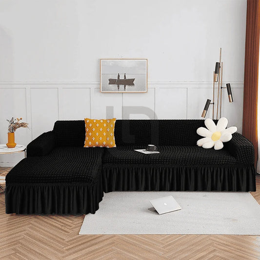 L Shape Ruffled Premium Bubble Sofa Cover Black